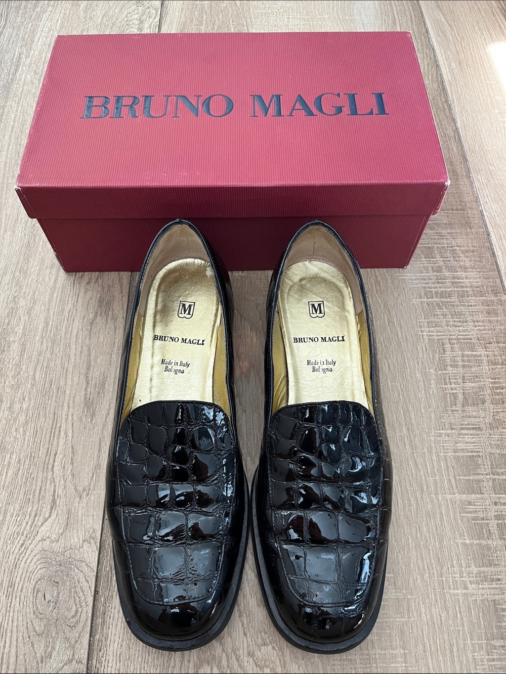 Bruno Magli Black Croc-Embossed Patent Leather Loafers